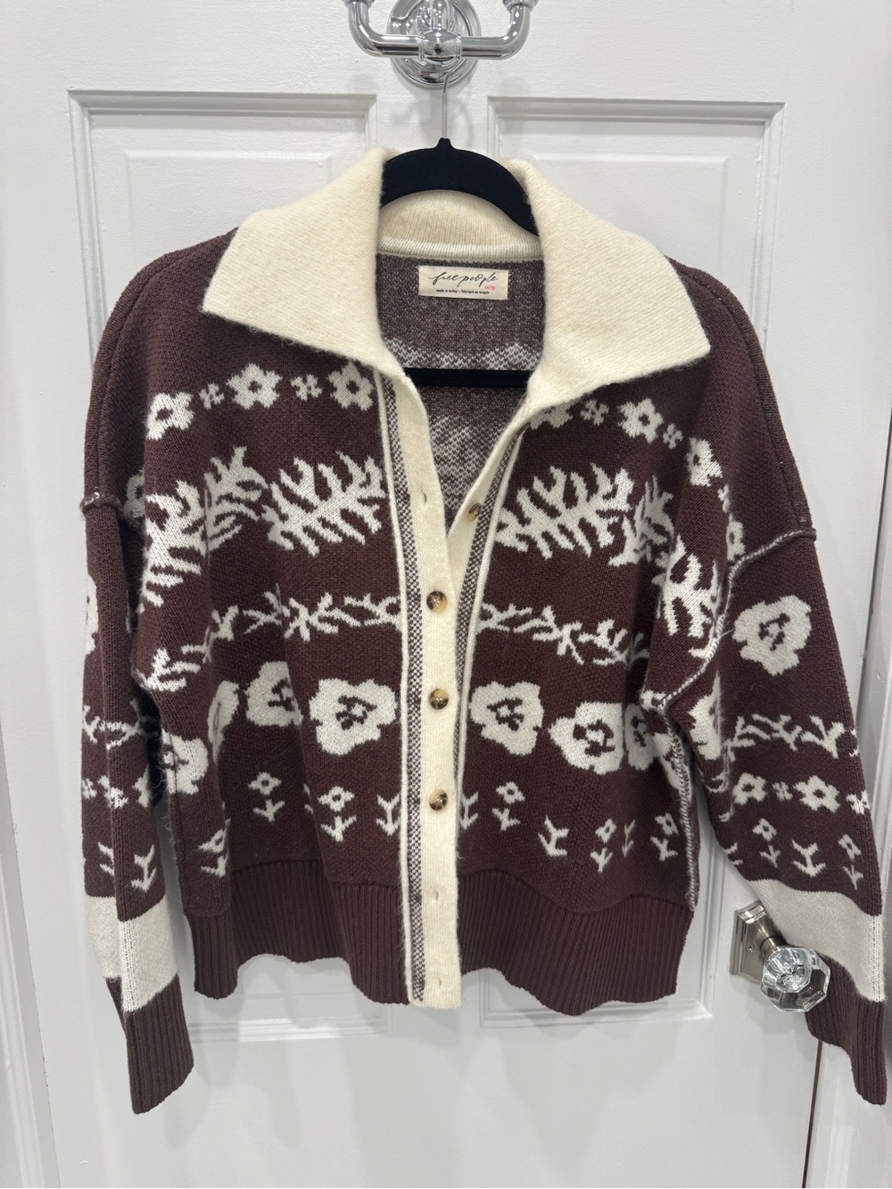 Free People Brown & Cream Floral Jacquard Button-Front Cardigan